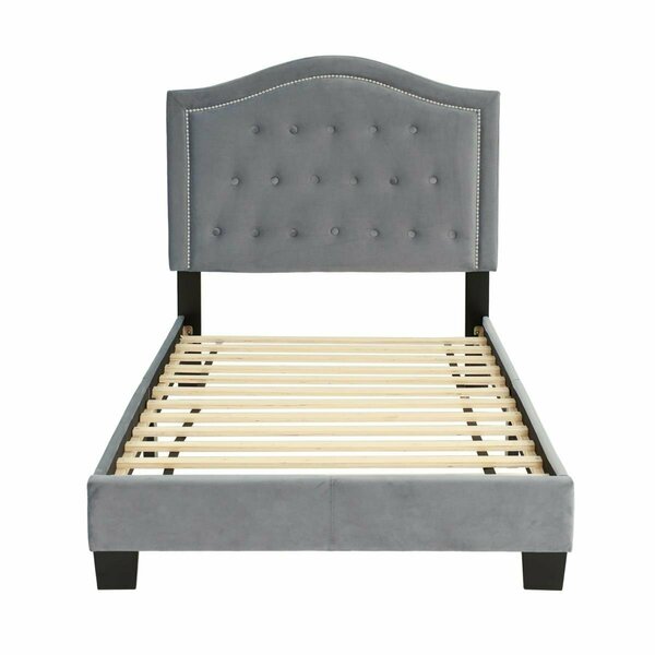 Kd Gabinetes Upholstered Bed Frame with Slats in Gray Velvet Fabric - Twin Size KD3143115